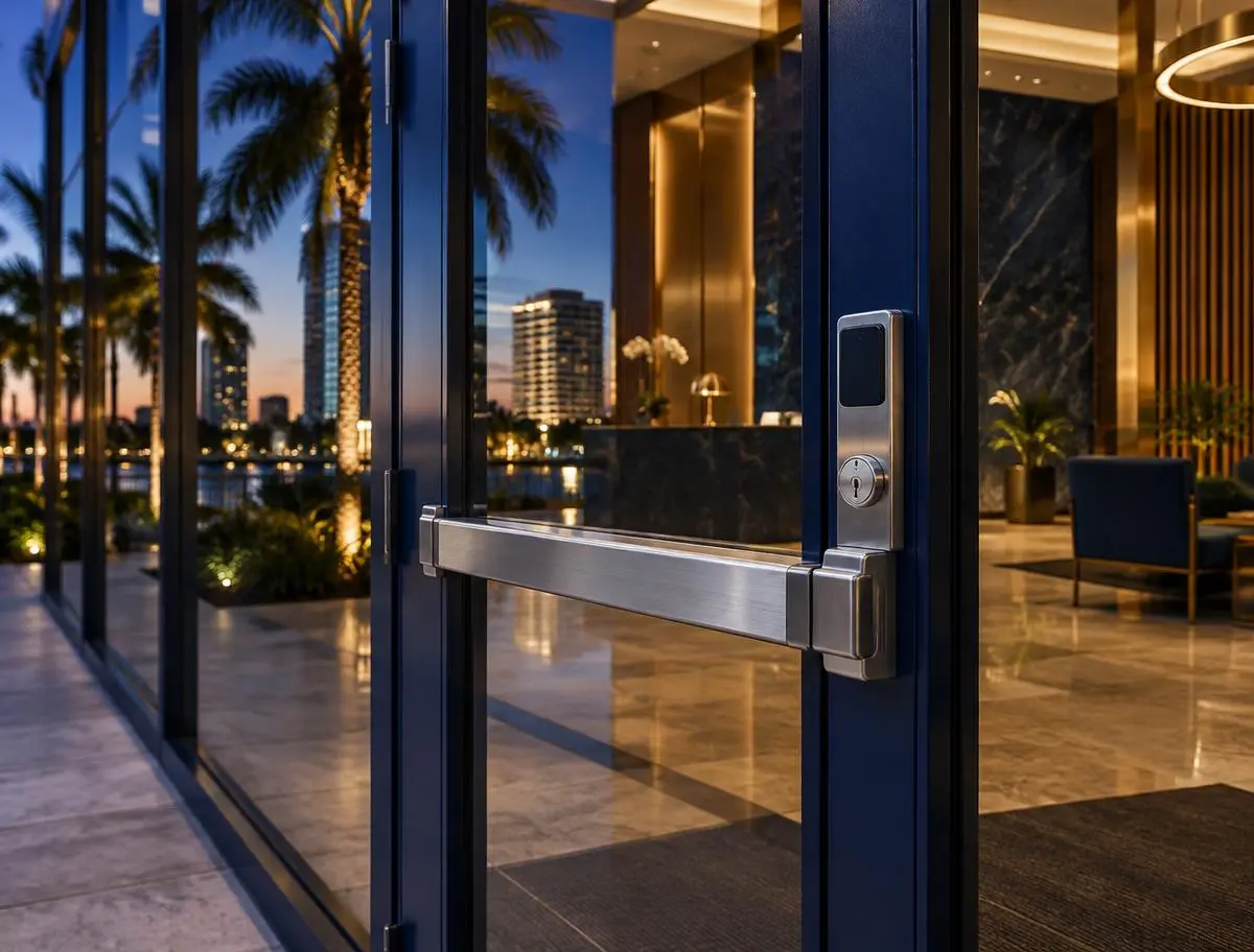 Commercial glass door with a high-security lock and push bar in Fort Lauderdale