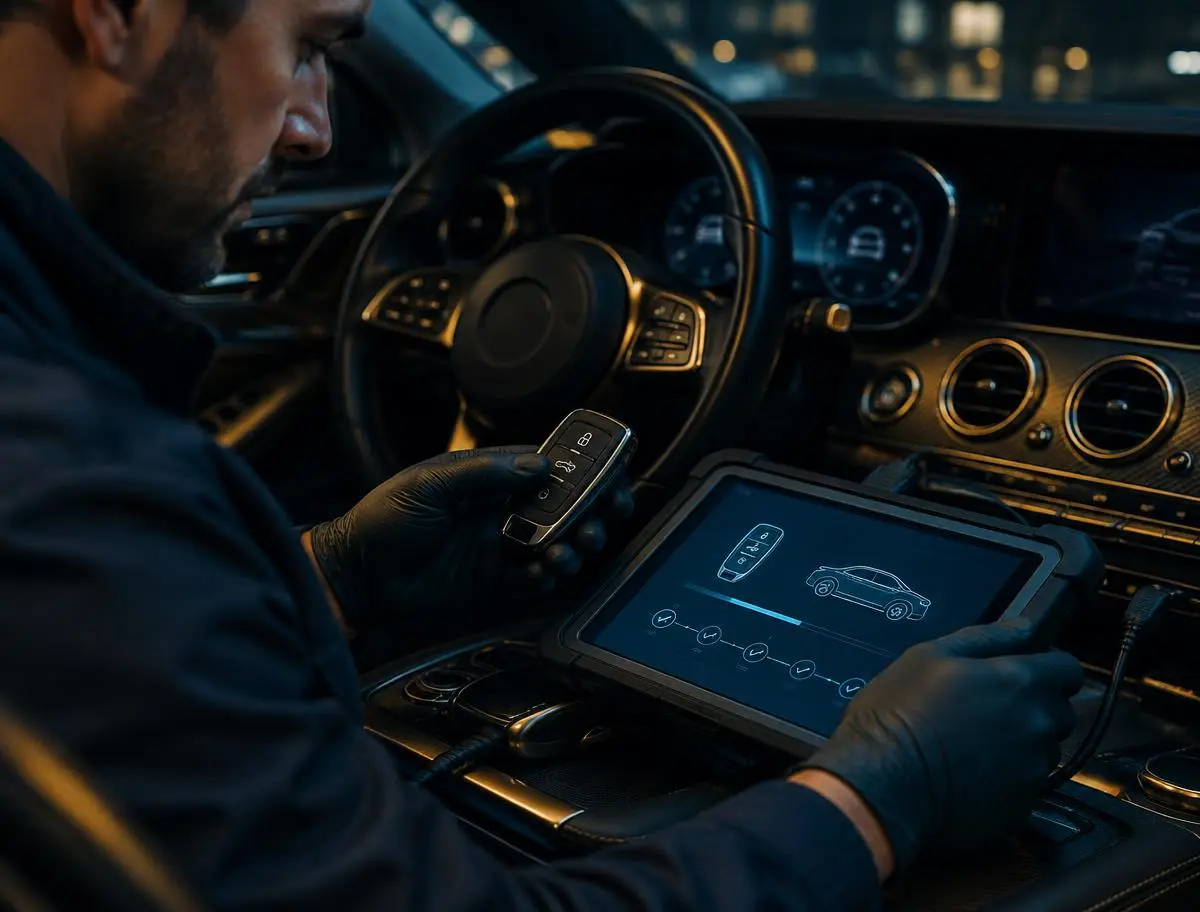Locksmith programming a smart car key with a diagnostic tablet